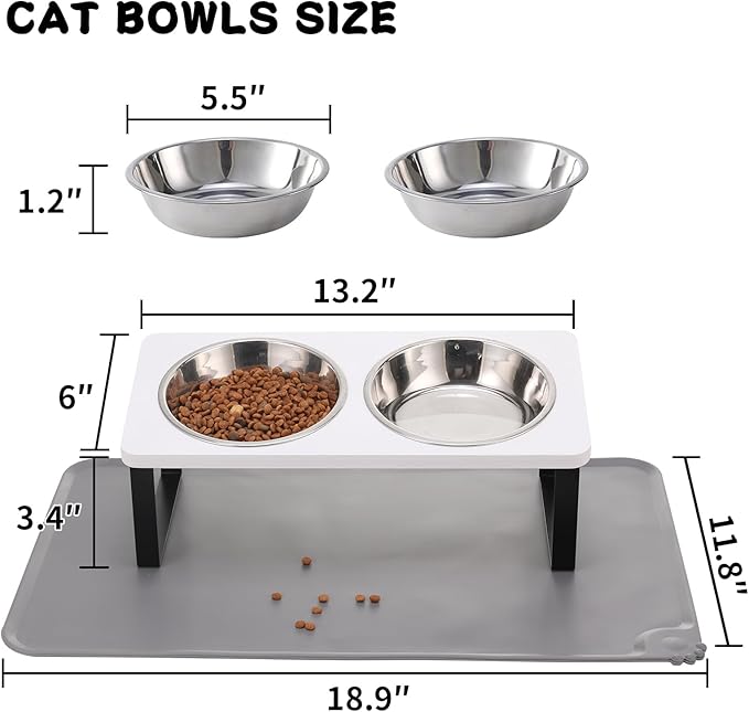 Upgraded Elevated Cat Bowls with Food Mat,15°Tilted Stand Anti Vomiting Raised Cat Dishes for Food and Water,2 Stainless Steel Bowls for Cats and Puppy（White）