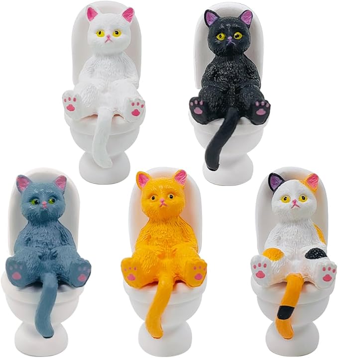 Cat on Toilet 5 Pcs Cat Figure Miniature Cake Topper Mini Cat Figurines Kitty Figures for Crafts,Easter Eggs,Desk Decoration,Succulent Plant Pot Decoration and Birthday Gift