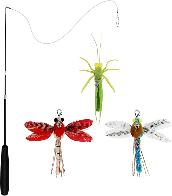 TTcat Cat Feather Wand Toys,Retractable Wand Toy with 3 Simulation Insects Refills, Transparent Carbon Wire,Interactive Cat Toy Kitten Toy for Indoor Cats to Play Chase Exercis