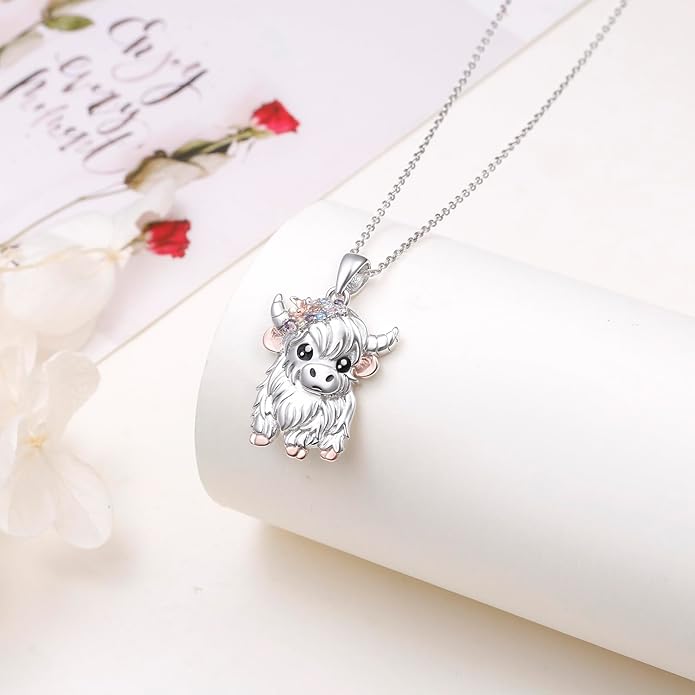 Alphm 925 Sterling Silver Chicken Capybara Raccoon Highland Cow Axolotl Necklace Cute Animal Necklace Jewelry for Women