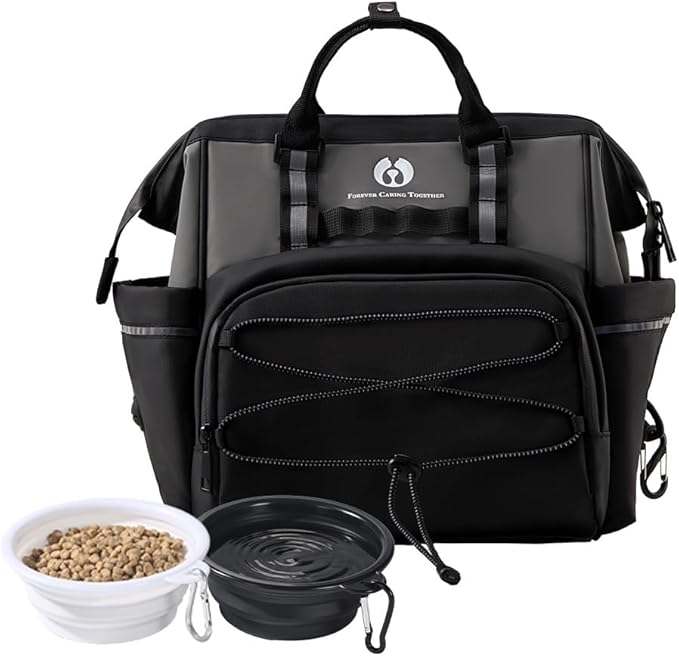 Dog Travel Bag, Airline Approved Pet Supplies Backpack, Dog Travel Backpack Accessories Set with 2 Silicone Collapsible Bowls and 1 Leash Clip for Camping, Road Trips & Weekends Away（Black）
