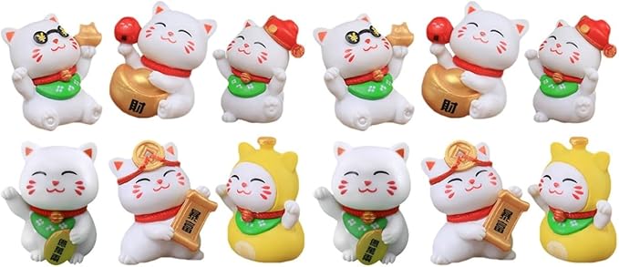 Yardwe 12 Pcs Miniature Lucky Cat Figurines, Resin Garden Ornaments for Home, Desktop, Bonsai, Car Decor, Assorted Colors, 2.04 X 1.02 X 1.25 Inches
