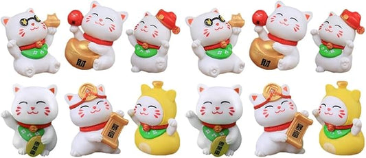 Yardwe 12 Pcs Miniature Lucky Cat Figurines, Resin Garden Ornaments for Home, Desktop, Bonsai, Car Decor, Assorted Colors, 2.04 X 1.02 X 1.25 Inches