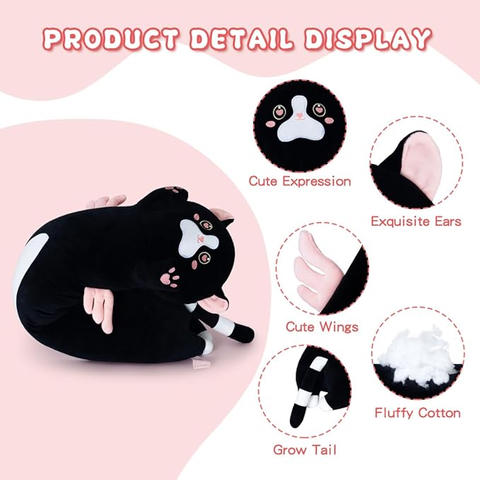 Long Plush Toy Cat Pillow Cute Plush Cat Toy Doll Stuffed Animal Cat Hugging Pillow for Sleeping Gift for Kids and Girls(Black&Pink,70cm/27.5in)