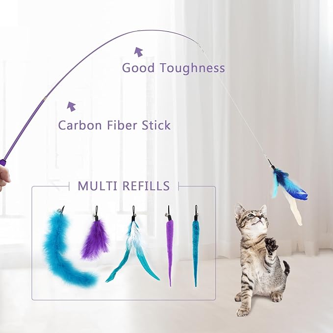 SONGWAY Interactive Cat Feather Toy Set - Retractable Teaser Wand with 6 Pcs Feather Refills with Bell, Cat Wand Toys for Indoor Cats Kittens Play Chase Exercise, Blue