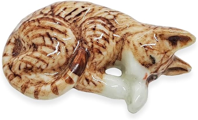 WitnyStore Tiny 1½" Brown White Tabby Shorthair Cat Sleeping Curled Figurine - Miniature Hand Made Painted Ceramic Cats Kitten Feline Animal Cute Porcelain Decorative Collectible Figures Décor Gifts