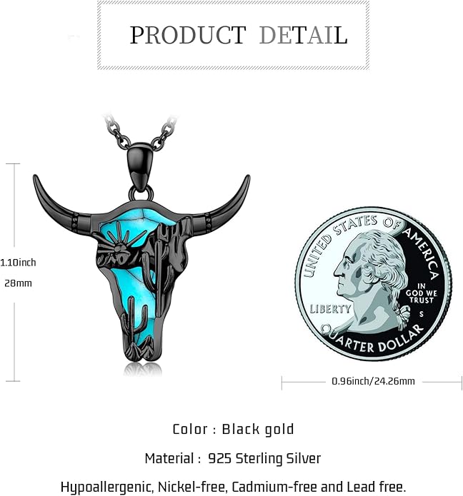 Midir&Etain Western Necklace 925 Sterling Silver Turquoise Pendant Cow Skull/Hat/Tag/Cactus Cowgirl Country Jewelry for Women Men