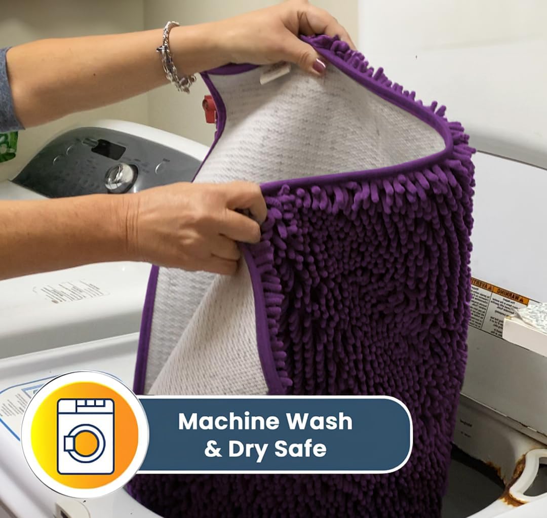 Muddy Mat® AS-SEEN-ON-TV Highly Absorbent Microfiber Door Mat and Pet Rug, Non Slip Thick Washable Area and Bath Mat Soft Chenille for Kitchen Bathroom Bedroom Indoor and Outdoor - Purple 24" x 120"