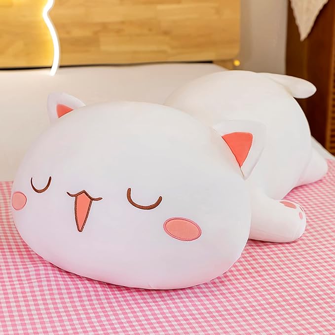 FUYU Cat Stuffed Animals, Soft Cat Plush Pillow Kawaii Kitten Stuffed Animal Toy Gifts for Kids Boys Girls Room Decor (White Squinted Eyes,19in/50cm)