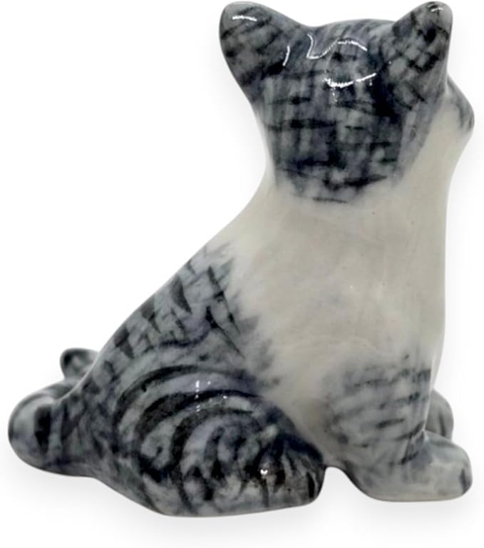 WitnyStore Tiny 1½" Gray White Tabby Shorthair Cat Sitting Look Left Figurine - Miniature Hand Made Painted Ceramic Cats Kitten Feline Animal Cute Porcelain Decorative Collectible Figures Décor Gifts