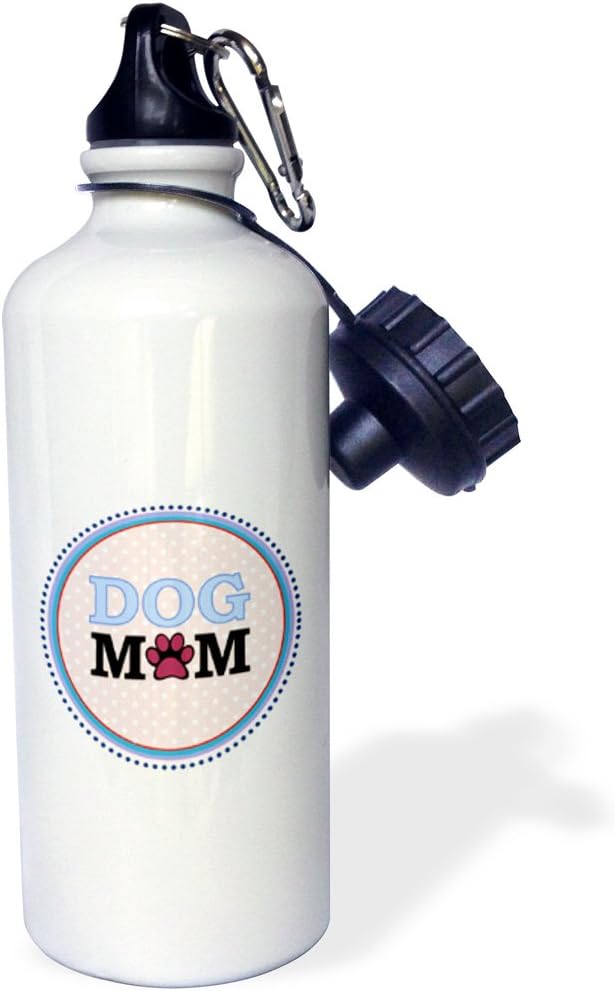 3dRose "Blue Dog Mom round design with a paw print O-circle-coral salmon pink polka dot-doggy mommy" Sports Water Bottle, 21 oz, White