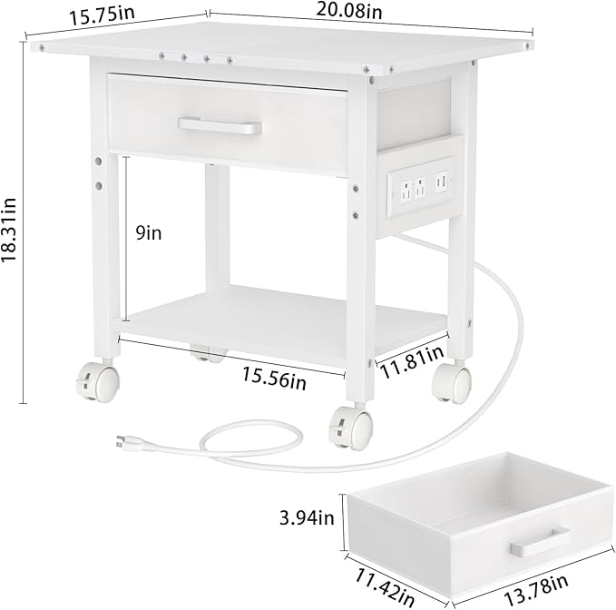 Lerliuo Under Desk Rolling Printer Stand with Charging Station and USB Ports, 2-Tier Printer Table Desk with Fabric Drawer, Printer Cart Holder with Lockable Wheels for Home, Office (White)