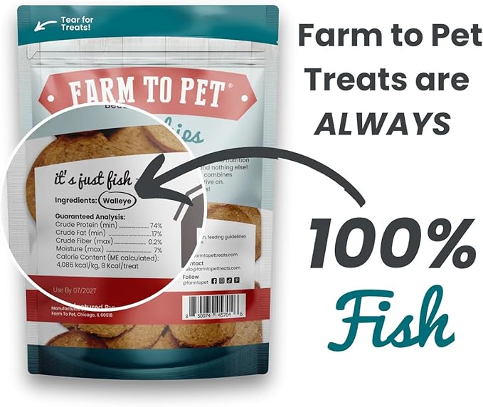 Farm To Pet - Dog Training Treats - 4 oz Fish Chips, Single Ingredient, Lean, All Natural, Healthy Treats for Small, Medium, Large Dog Breeds, & Puppies, Made in USA