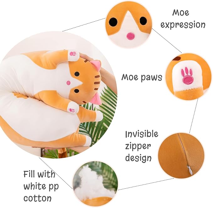 Long Yellow Cat Plush Pillow Toy Sleeping Pillow Cute Cartoon Cat Stuffed Animals Soft Long Body Pillow Gift for Kids(35.43in)