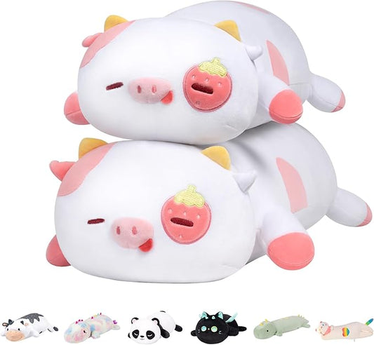Strawberry Cow Plush Body Pillow, 25" Kawaii Cow Stuffed Animals Squishy Pillow, Cute Plushies Cuddle Pillow for Kids, Long Plush Cow Pillow Toys, Birthday Gifts for Women, Girls and Males