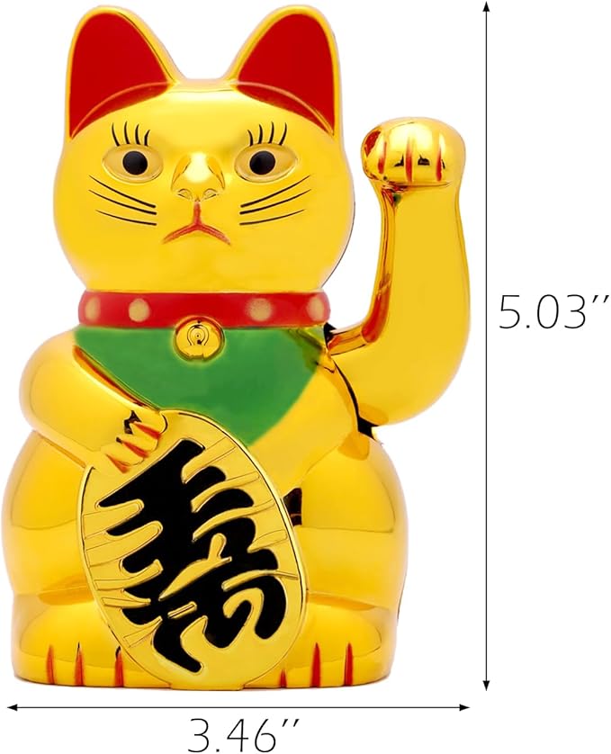 Maneki Neko Lucky Cat,Fengshui Cat- Waving Arm Battery Operated for Fortune Money and Good Luck (5")