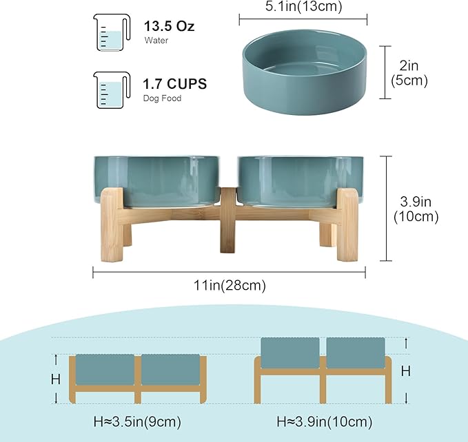 SPUNKYJUNKY Elevated Dog Bowls Ceramic, 5.1'' Dogs and Cat Food Water Bowls Raised with Non-Slip Bamboo Stand for Puppy Small Sized Breed Microwave Dishwasher Safe - 13.5 OZ,Dark Green