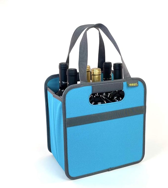 meori Foldable 6 Bottle Wine Tote Azure Blue Organize Crate Glass Dividers Stylish Travel Storage Box Liquor Spirits Tastings Grocery Shopping Hostess Gift (B100600)