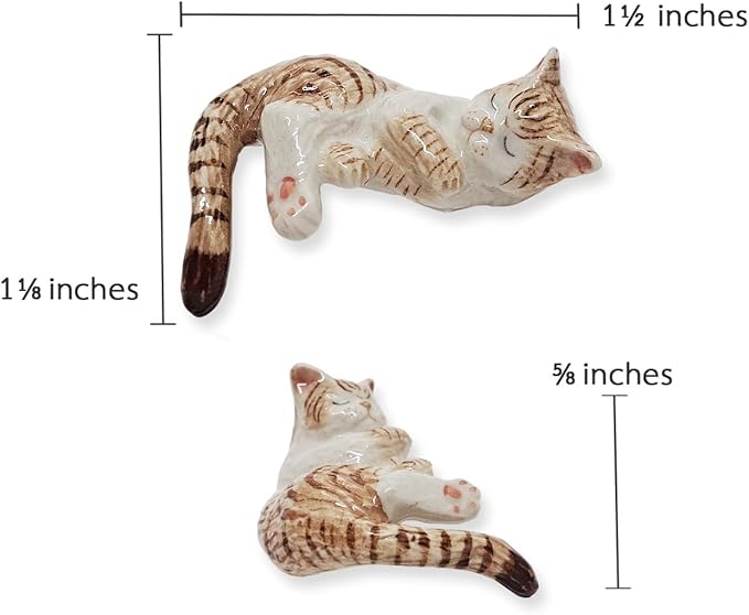 WitnyStore Tiny 1½" White Brown Tabby Shorthair Cat Sleeping Tail Hang Off Figurine - Miniature Hand Made Ceramic Cats Kitten Feline Animals Cute Porcelain Decorative Collectible Figures Décor Gifts