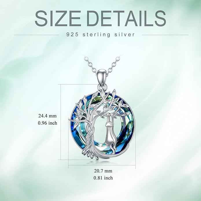 TOUPOP Cat Gifts for Cat Lovers Sterling Silver Cute Cat Tree of Life Pendant Necklace with Blue Circle Crystal Birthday Christmas Jewelry Gifts for Women
