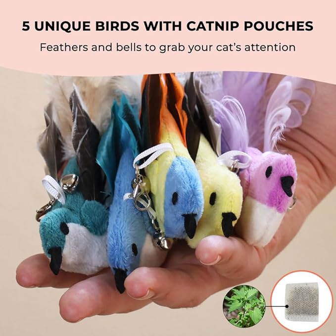 Interactive Bird Simulation Cat Toy Set, Interactive Cat Toys for Indoor Cats, Cat Feather Toy, Self-Holding Suction Cup, 5 Catnip Birds, Feathers, Bells (Catnip Bird Toy Set with 5 Birds)