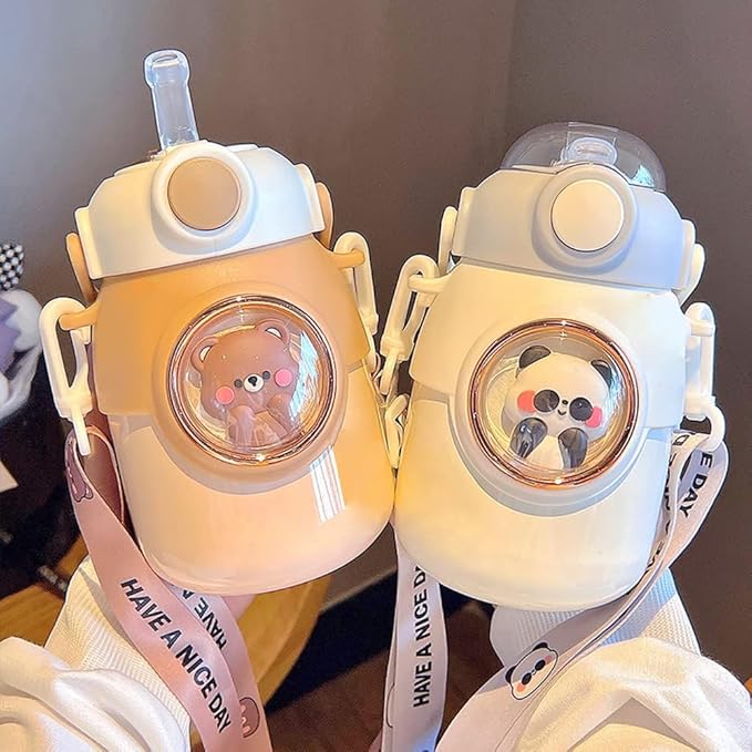 Kawaii Water Bottle with Straw,Travel Cute Water Bottles with Adjustable Strap Leak Proof BPA Free Wide Mouth Water Cup with Lid for Girls(Yellow)
