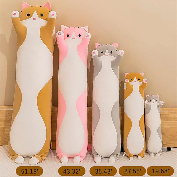 Long Gray Cat Plush Pillow Toy Sleeping Pillow Cute Cartoon Cat Stuffed Animals Soft Long Body Pillow Gift for Kids(35.43in)