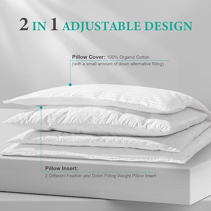 APSMILE 2-in-1 Assembleable Goose Feathers Down Pillow for Sleeping, Standard/Queen Size Soft-Medium-Firm Adjustable Bed Pillow Insert for Stomach, Back or Side Sleepers, 20x28