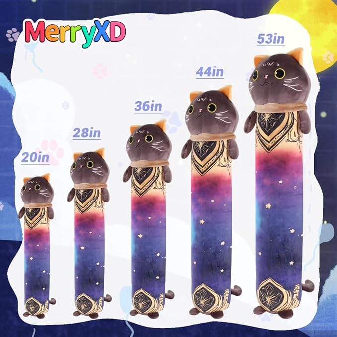 MerryXD Kawaii Long Cat Plush Body Pillow, 20”Soft Cute Black Stuffed Animals Plushies, Kids Big Doll Toys, Ideal Gifts for Cuddles,Girls,Girlfriend,Boys,Birthday,Christmas,Halloween,Valentine's Day