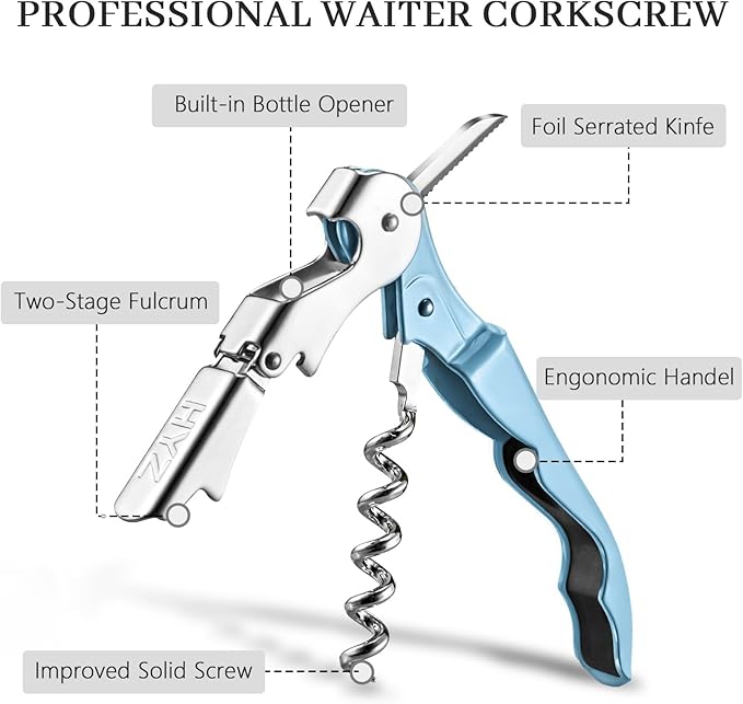HYZ 2-Pack Wine Opener Waiter Corkscrew, Professional Wine Key for Servers, Bartender with Foil Cutter, Manual Wine Bottle Opener Double Hinged (Sky Blue)