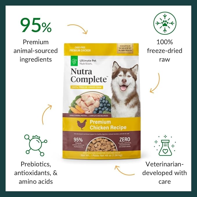 ULTIMATE PET NUTRITION Nutra Complete, 100% Freeze Dried Raw Veterinarian Formulated Dog Food with Antioxidants Prebiotics and Amino Acids (3 Pound (Pack of 4), Chicken)