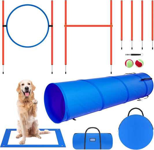 Polar Aurora Dog Agility Equipment, Dog Obstacle Courses Backyard - Pet Outdoor Games w/Adjustable High Jump, Agility Weave Poles, Tunnel, Jumping Ring, Pause Box, 2 Balls,Whistle and Carrying Bag