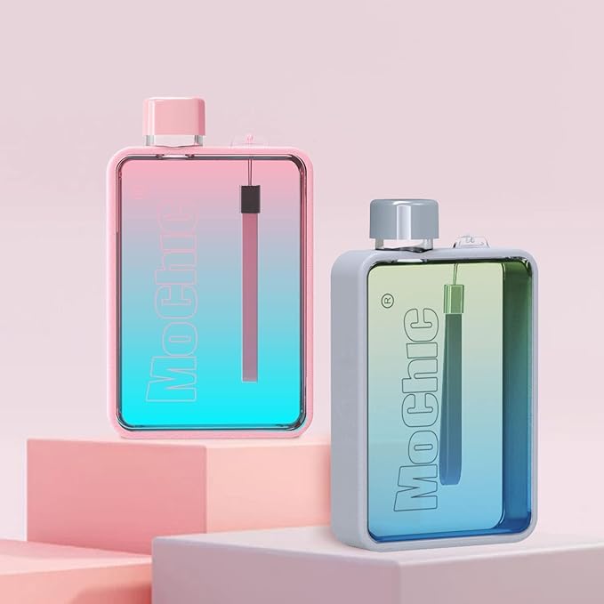 MOCHIC CUP Mochic 13oz Portable Water Flask Flat Water Bottle for Purse Mug BPA Free A5 Slim Square Water Bottle Flask Leak Proof Plastic Flask Bottle for Travel (Gradient Pink)
