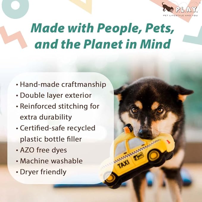 P.L.A.Y. Cute Plush Dog Toys - Canine Commute, Travel Themed Durable Squeaker Chew Toy, Great for Puppies & Small, Medium, Large Dog Breeds - Machine Washable, Recycled Materials (New-Yap City Taxi)