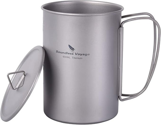 iBasingo 1050ml Titanium Bottle 600ml Nesting Cup Outdoor Camping Single Layer Wide Mouth Cookware Lightweight Portable Bottle Mug Hiking Picnic Solo Cooking Mess Kit