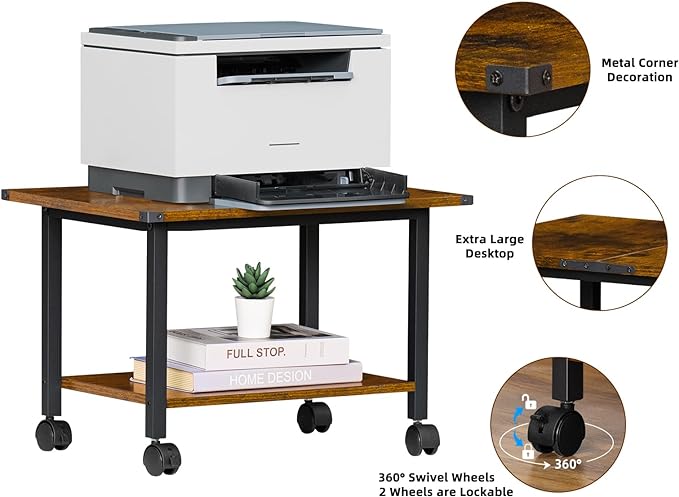 Lerliuo Under Desk Printer Stand, 2-Tier Industrial Mobile Printer Table with Storage Shelf and Steel Frame, Rolling Printer Cart Holder with Lockable Wheels for Home, Office (Rustic Brown)