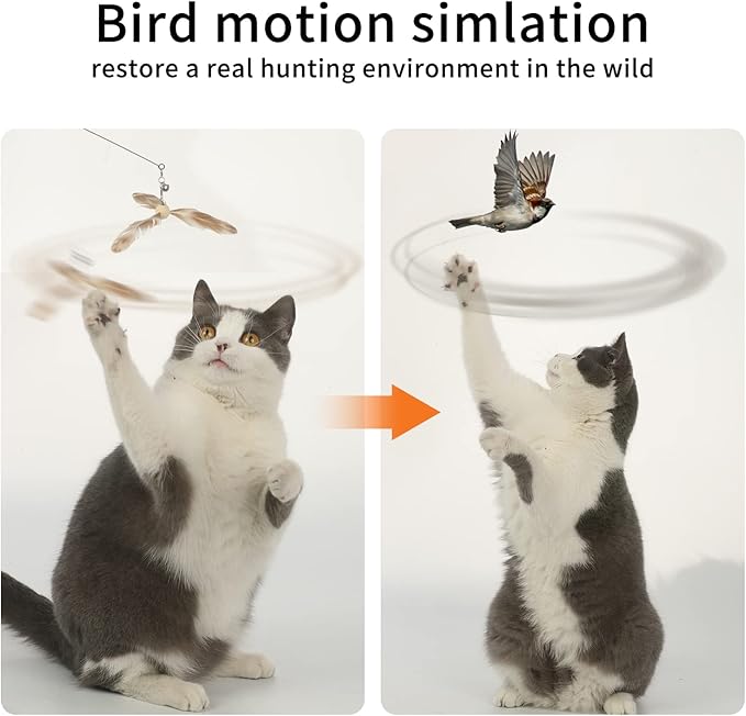 FUKUMARU Cat Wand Toy, 35.5 Inch Cat Feather Propeller Toy with Bell, Steel Wire Cat Toy for Indoor Cats with 4PCS Natural Feather