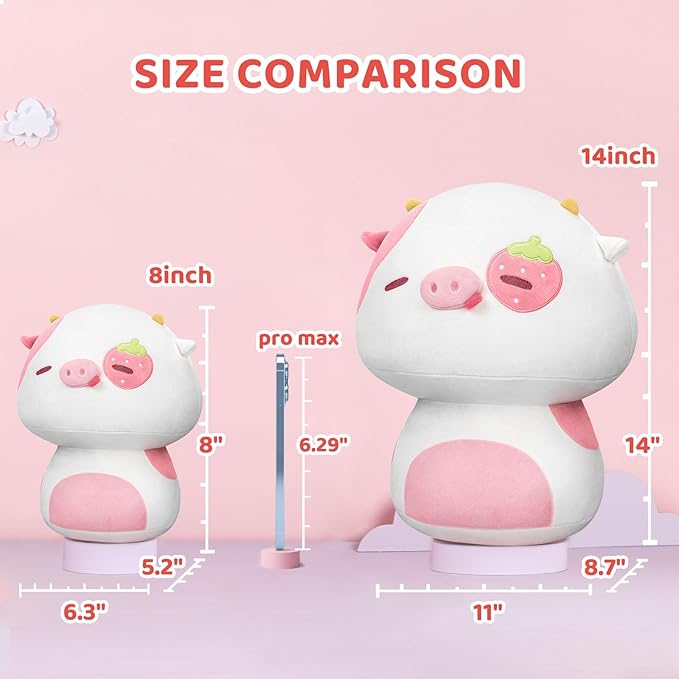Squishy Cloud-Like Softness, Trending Kawaii Strawberry Cow Mushroom Plush Pillow, A Must-Have Collectible for Young Adults, Perfect for Kids, Toddlers Girls, Stuffed Animal (14")