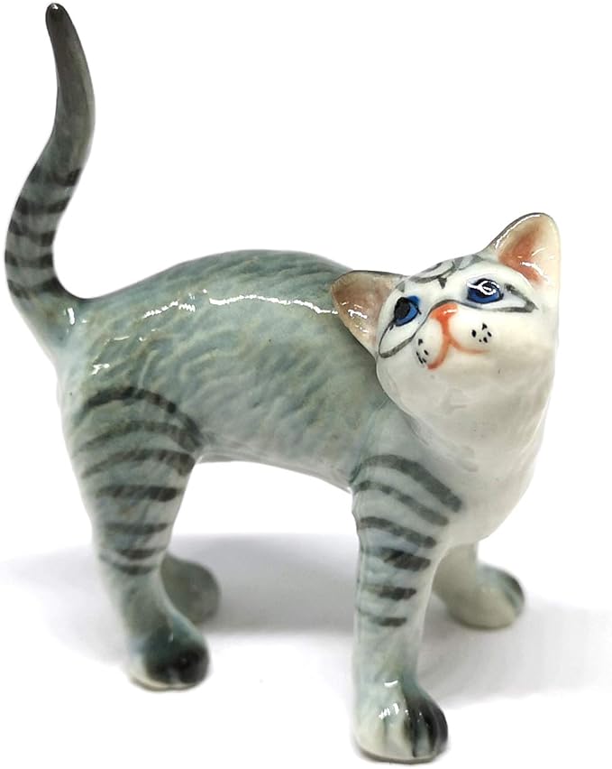 ZOOCRAFT Ceramic Cat Figurine Miniatures Stretching Gray Pet Lovers Collectibles Hand Painted Animal Poecelain