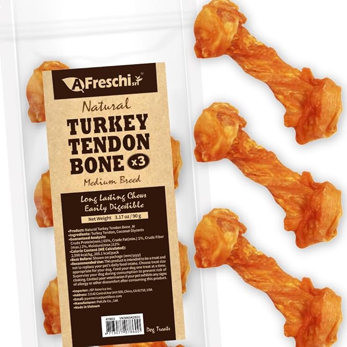 AFreschi Turkey Tendons for Dogs, USA-Sourced, Healthy Dog Treats, Rawhide-Free Puppy Chews, Long Lasting, All Natural, Hypoallergenic Dog Treats for Medium Breeds, 3 Count Pack Bone (M)