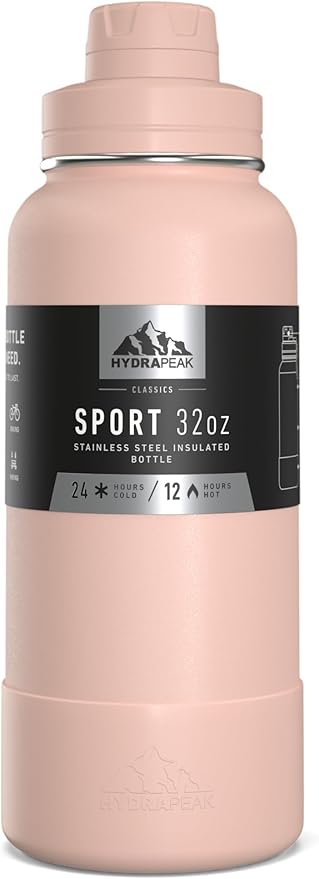 Hydrapeak 32oz Sport Insulated Water Bottle with Chug Lid, Leak & Spill Proof, Keeps Drinks Cold for 24 Hours, Hot for 12 Hours, Premium Stainless Steel Water Bottles (32oz, Peony)