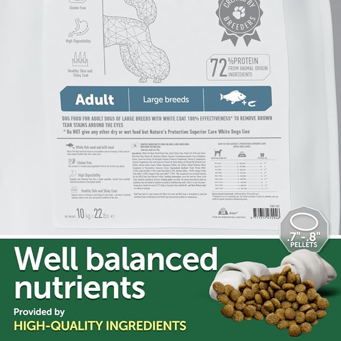 Nature's Protection Grain Free Dry Dog Food for Large Dogs - High Protein, Tear Stain Formula - Bigger Kibble for Adult Dogs with Light Fur (Superior Care - White Fish, 22 lb)
