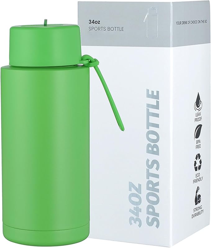 AGH 30oz Water Bottle - Double Wall Vacuum Insulated Stainless Steel Tumbler with Straw - Green