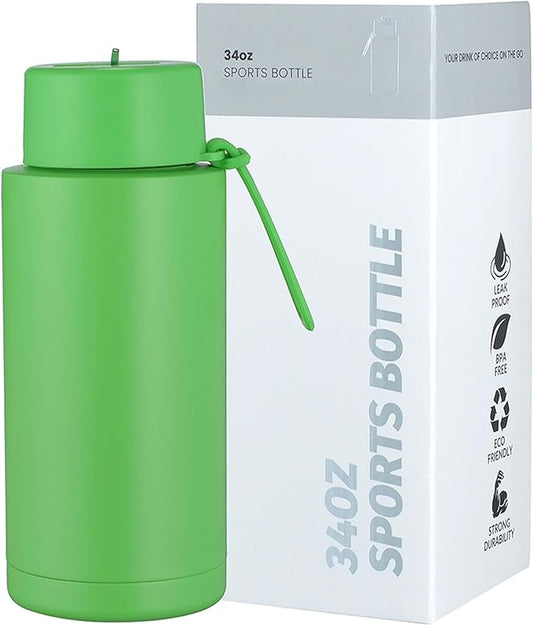 AGH 30oz Water Bottle - Double Wall Vacuum Insulated Stainless Steel Tumbler with Straw - Green