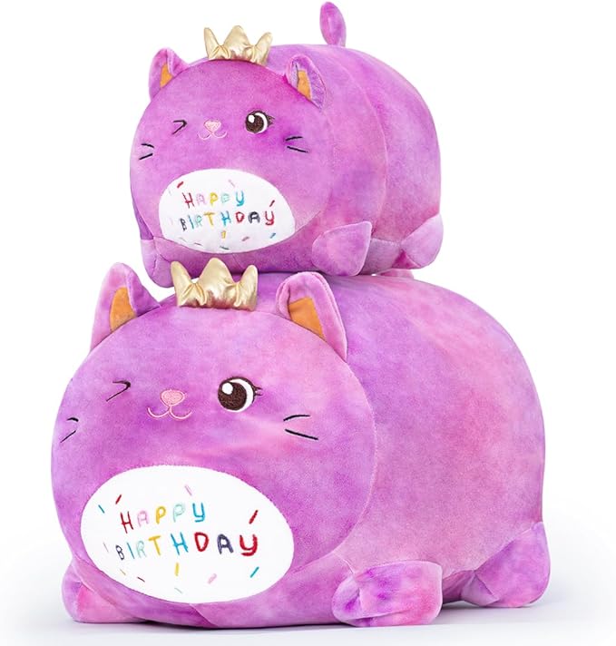 Birthday Cat Plush Pillow, Soft Purple Cat Stuffed Animal Toy (15.7inch)
