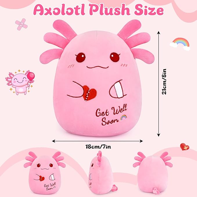 Get Well Soon Axolotl Plush Toy, Pink Axolotl Get Well Soon Gift for Kids Women,Soft Stuffed Animal Cute Pink Huggable Pillow Kawaii Plushies Gift for Girls Boys