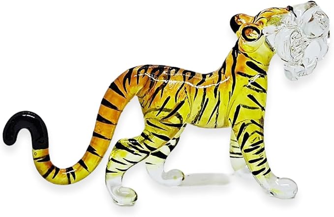 WitnyStore Tiny 1¾" Long Yellow Black Standing Tiger Roaring Figurine - Miniature Hand Blown Painted Glass Panthera Wild Cat Small Crystal Wildlife Animals Decorative Collectible Figurines Décor Gifts