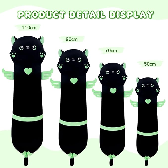 Long Cat Plush Body Pillow, Cute Cat Plush Toy Pillows with Wings, Stuffed Animals Kitten Soft Plushies Gifts for Kids Girls Girlfriend(AngelCat Green, 35.4in/90cm)
