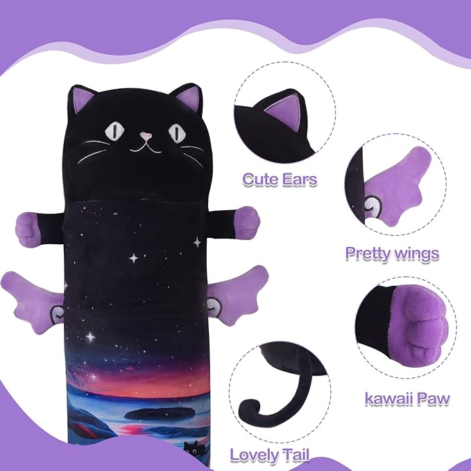 Long Cat Plush Pillow, 27.6in Cute Purple Cat Plushie Stuffed Animals Body Pillow with Wing, Kawaii Kitten Soft Plushie Doll Toy Birthday Gift for Kids Girlfriend