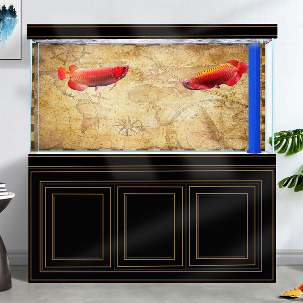 48X20IN Retro Old Travel World Map Terrarium Background, Art Parchment Pirate Treasure Map Reptile Habitat Background with 10EVA Double-Sided Tape